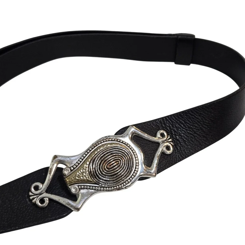 Chico's Adjustable Belt M/L 3D Frog Silver gold Buckle Black Leather Boho Artsy